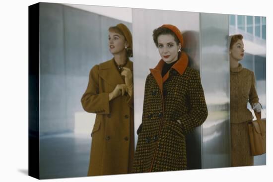 Models in Autumn Coats and Berets as They Pose Beside a Column in Lever House, New York, NY, 1954-Nina Leen-Premier Image Canvas