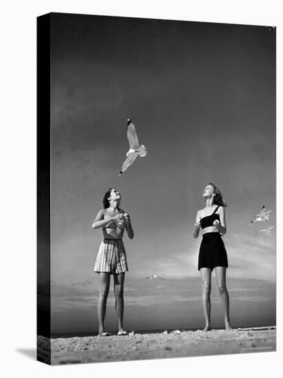 Models Tee Matthews and Bobbie Chambliss Feeding Gulls While Modeling New Bathing Suit Styles-Alfred Eisenstaedt-Premier Image Canvas