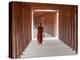 Monk in Walkway of Wooden Pillars To Temple, Salay, Myanmar (Burma)-Peter Adams-Premier Image Canvas