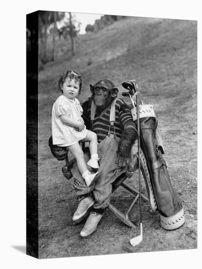 Monkey with Golf Clubs and Toddler Girl-null-Stretched Canvas