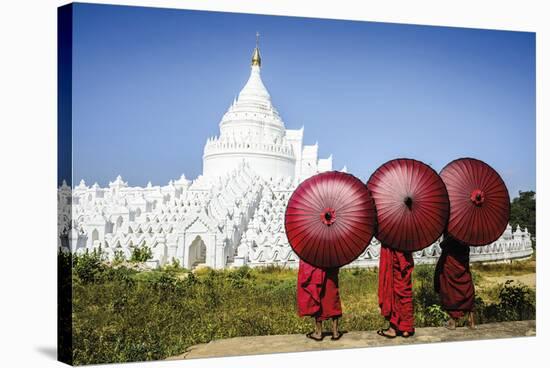 Monks at the Hsinbyume Pagoda-Berthold Dieckfoss-Stretched Canvas