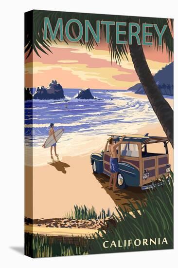 Monterey, California - Woody on Beach-Lantern Press-Stretched Canvas