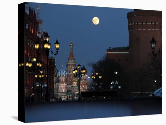 Moon is Seen over the Red Square in Moscow with the St. Basil Cathedral in the Background-null-Premier Image Canvas