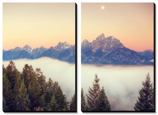 Moonlight and Foggy Snake River Overlook, Grand Teton-Vincent James-Stretched Canvas