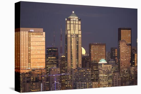 Moonrise behind the downtown Seattle skyline, Seattle, WA-Greg Probst-Premier Image Canvas