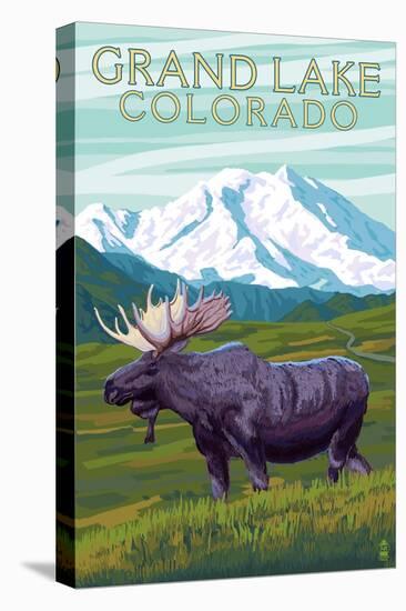 Moose and Mountain - Grand Lake, Colorado-Lantern Press-Stretched Canvas
