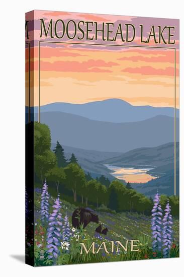 Moosehead Lake, Maine - Bears and Spring Flowers-Lantern Press-Stretched Canvas