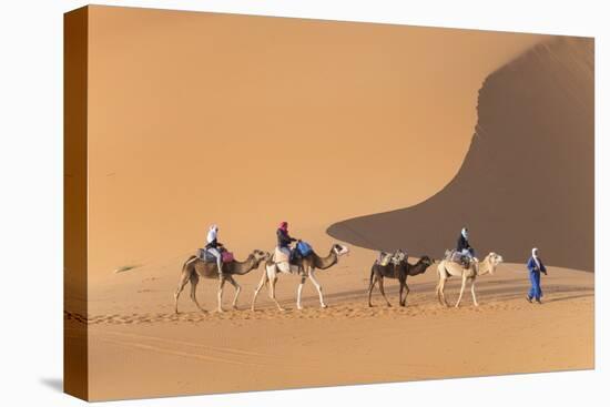 Morocco. Tourists ride camels in Erg Chebbi in the Sahara desert.-Brenda Tharp-Premier Image Canvas