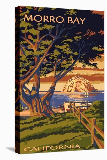 Morro Bay, California Town View with Morro Rock Poster-Lantern Press-Stretched Canvas