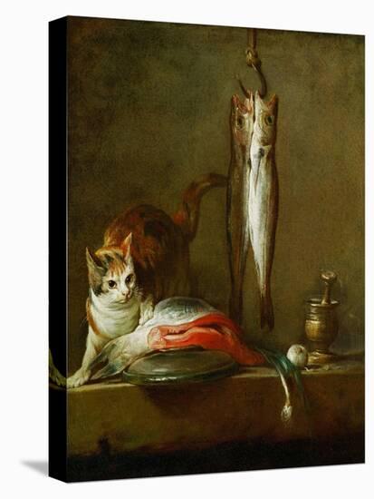 Mortier et pilon-a cat with a piece of salmon, two mackerels, mortar and pestle. 1728 Canvas.-Jean-Baptiste-Simeon Chardin-Premier Image Canvas