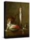 Mortier et pilon-a cat with a piece of salmon, two mackerels, mortar and pestle. 1728 Canvas.-Jean-Baptiste-Simeon Chardin-Premier Image Canvas