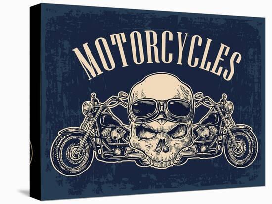 Motorcycle Side View and Skull with Glasses. View over the Handlebars. Vector Engraved Illustration-MoreVector-Stretched Canvas