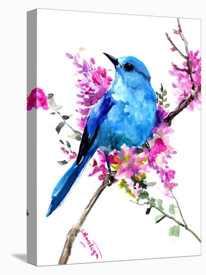 Mountain Bluebird And Spring Flowers-Suren Nersisyan-Stretched Canvas