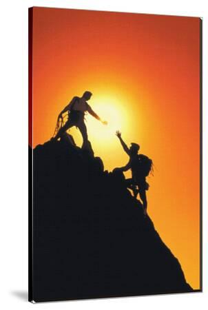 Mountain Climbers Reaching Summit Stretched Canvas Print by | Art.com