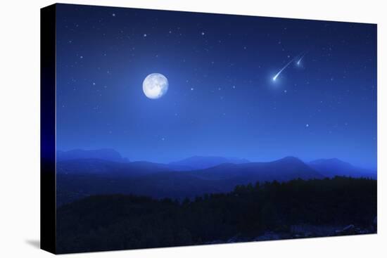 Mountain Range on a Misty Night with Moon and Starry Sky-null-Premier Image Canvas