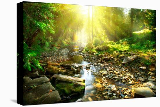 Mountain River With, Forest Landscape. Tranquil Waterfall Scenery in the Middle of Green Forest-Subbotina Anna-Premier Image Canvas