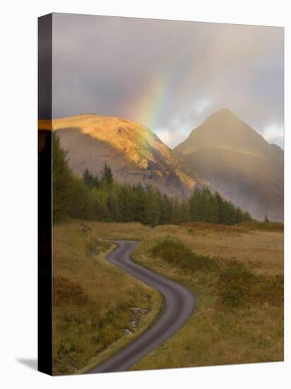 Mountain Road with Rainbow in Glen Etive, Argyll, Scotland, UK, October 2007-Niall Benvie-Premier Image Canvas