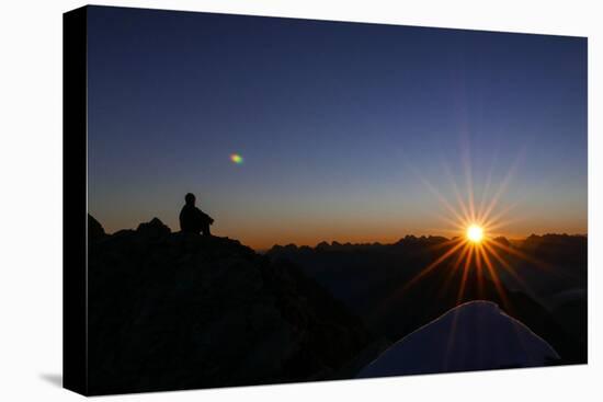 Mountaineer Admires Sunrise and Sunrays-Rolf Roeckl-Premier Image Canvas