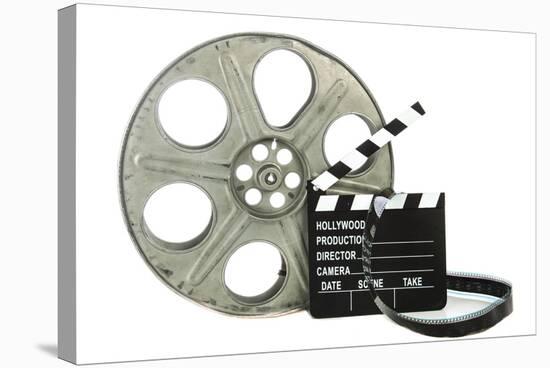 Movie Clapper Board With Film Reel On White Background-Steve Collender-Stretched Canvas