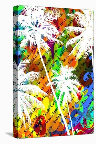 Multicolor Abstract Tropical Background with the Names of Tropical Resorts and White Silhouettes Of-yulianas-Stretched Canvas