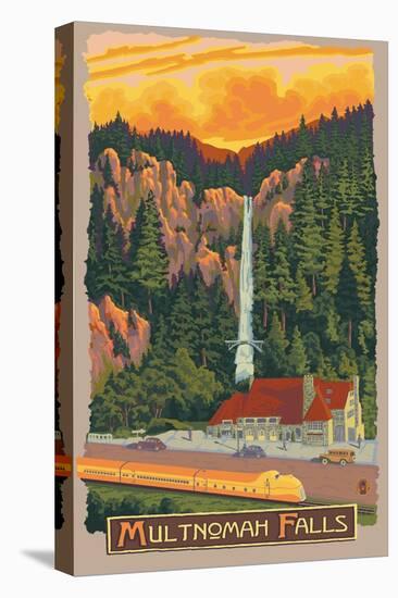 Multnomah Falls View with Train, c.2009-Lantern Press-Stretched Canvas