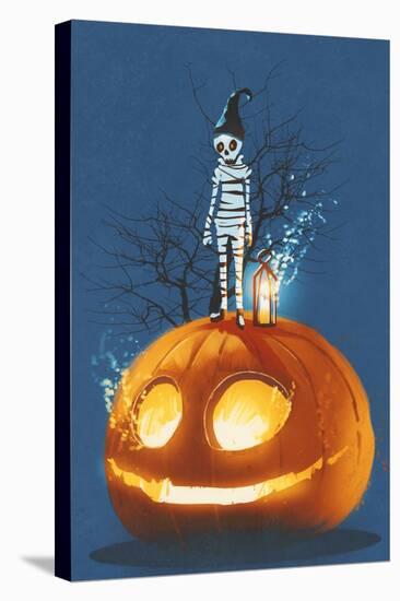 Mummy Standing on Giant Pumpkin,Jack O Lantern,Halloween Concept,Illustration Painting-Tithi Luadthong-Stretched Canvas