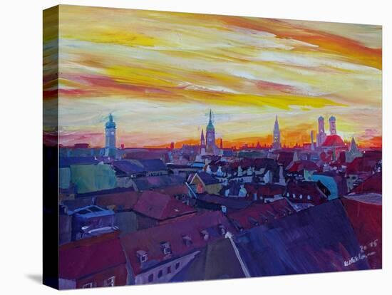 Munich Skyline with Burning Sky at Sunset-Markus Bleichner-Stretched Canvas
