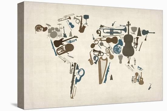 Musical Instruments Map of the World-Michael Tompsett-Stretched Canvas