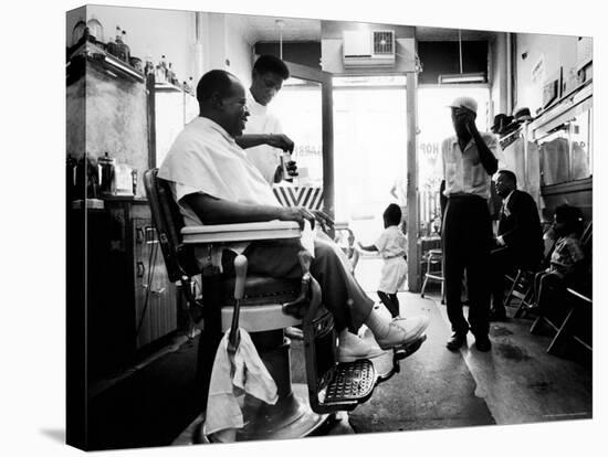 Musician Louis Armstrong in His Neighborhood Barber Shop-John Loengard-Premier Image Canvas