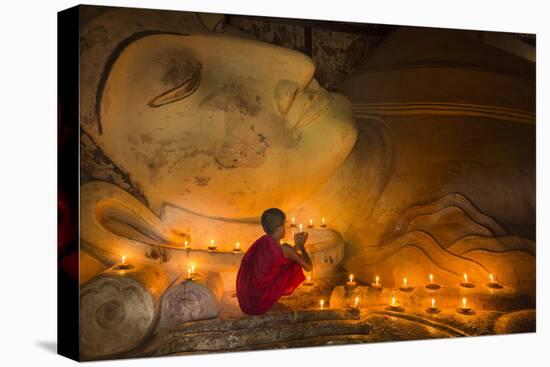 Myanmar, Bagan. Young Monk at Shinbinthalyaung Temple Reclining Buddha-Brenda Tharp-Premier Image Canvas