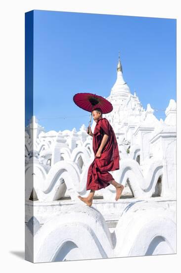 Myanmar, Mandalay Division, Mingun. Novice Monk with Red Umbrella Jumping on Hsinbyume Pagoda (Mr)-Matteo Colombo-Premier Image Canvas