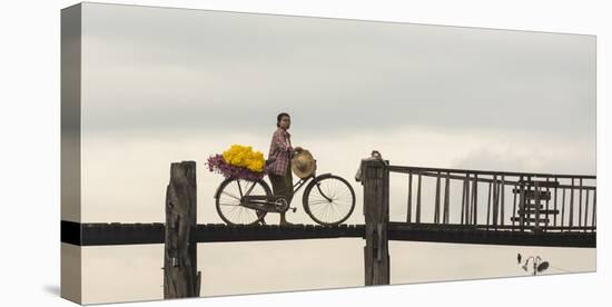 Myanmar, Mandalay. Woman Walks Her Flower-Laden Bicycle across U Bein Bridge-Brenda Tharp-Premier Image Canvas