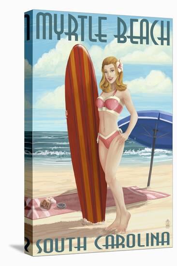 Myrtle Beach, South Carolina - Pinup Girl Surfing-Lantern Press-Stretched Canvas