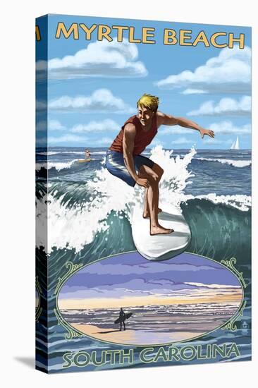 Myrtle Beach, South Carolina - Surfer with Inset-Lantern Press-Stretched Canvas