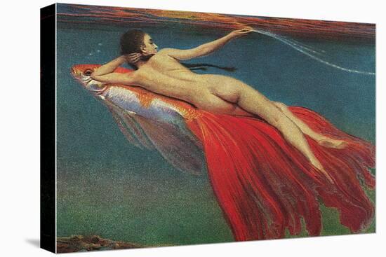 Naked Woman Riding Large Gold Fish-null-Stretched Canvas