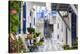 Narrow street, whitewashed buildings with blue paint work, flowers, Mykonos Town (Chora), Mykonos,-Eleanor Scriven-Premier Image Canvas