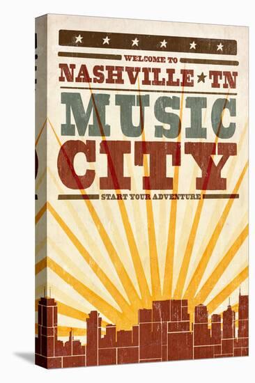 Nashville, Tennessee - Skyline and Sunburst Screenprint Style-Lantern Press-Stretched Canvas
