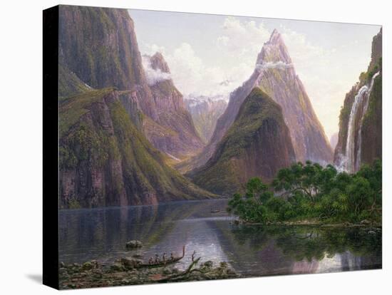 Native Figures, Milford Sound, New Zealand, Also Depicted Are Mitre Peak and Bowens Fall, 1892-Eugene Von Guerard-Premier Image Canvas