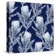 Navy Blue and White Protea Flower Illustration. Seamless Pattern Repeat.-PinkCactus-Stretched Canvas