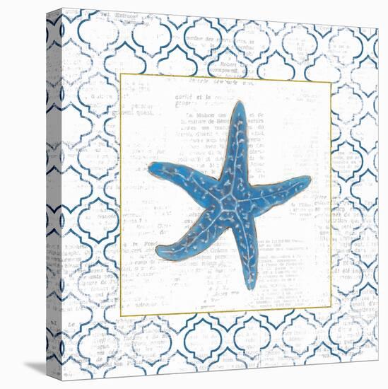 Navy Starfish on Newsprint with Gold-Emily Adams-Stretched Canvas