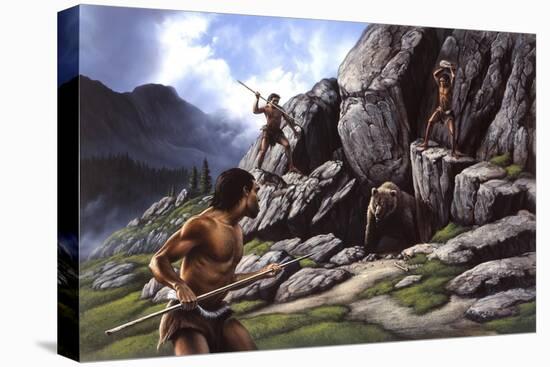 Neanderthals Hunt a Cave Bear-null-Stretched Canvas