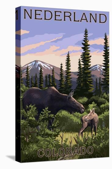 Nederland, Colorado - Moose and Baby-Lantern Press-Stretched Canvas