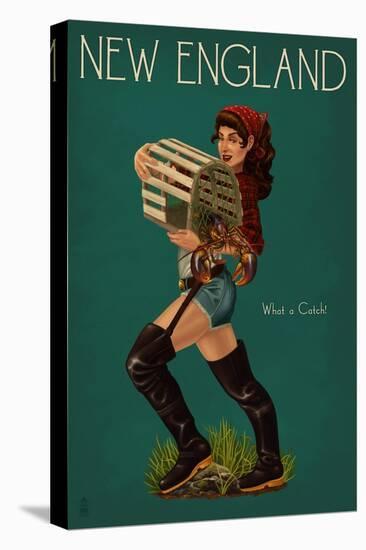 New England - Lobster Fishing Pinup-Lantern Press-Stretched Canvas