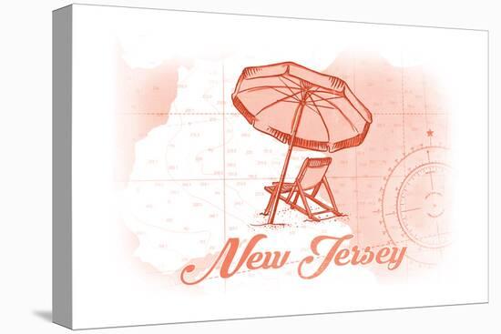 New Jersey - Beach Chair and Umbrella - Coral - Coastal Icon-Lantern Press-Stretched Canvas