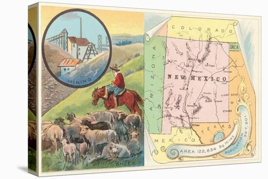 New Mexico Map, Sheep, Mining-null-Stretched Canvas