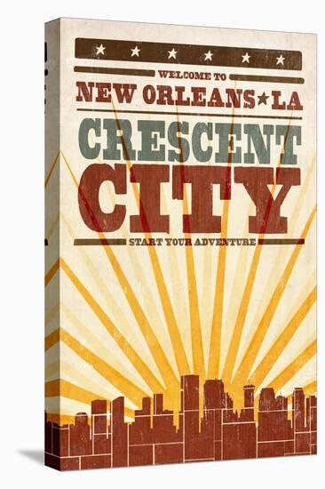 New Orleans, Louisiana - Skyline and Sunburst Screenprint Style-Lantern Press-Stretched Canvas