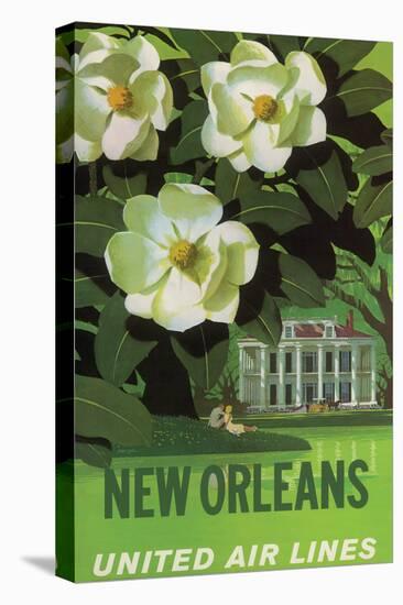 New Orleans - United Air Lines - Magnolia Blossoms - Vintage Travel Poster, 1950s-Stan Galli-Stretched Canvas