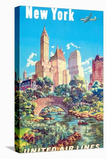 New York - Central Park - United Air Lines, Vintage Airline Travel Poster 1940s-Joseph Fehér-Stretched Canvas