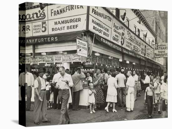 New York City Street Corner with Customers Ordering and Eating Nathan's Hot Dogs-null-Stretched Canvas