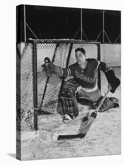 New York Rangers Goal Tender Dave Kerr Stopping the Puck-Gjon Mili-Premier Image Canvas